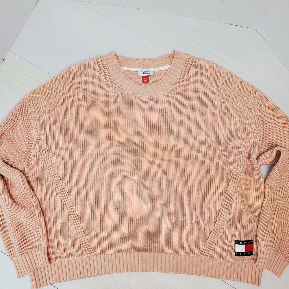 Vintage Tommy Jeans Womens Peach Shaker Knit Oversized Sweater Large Logo Patch